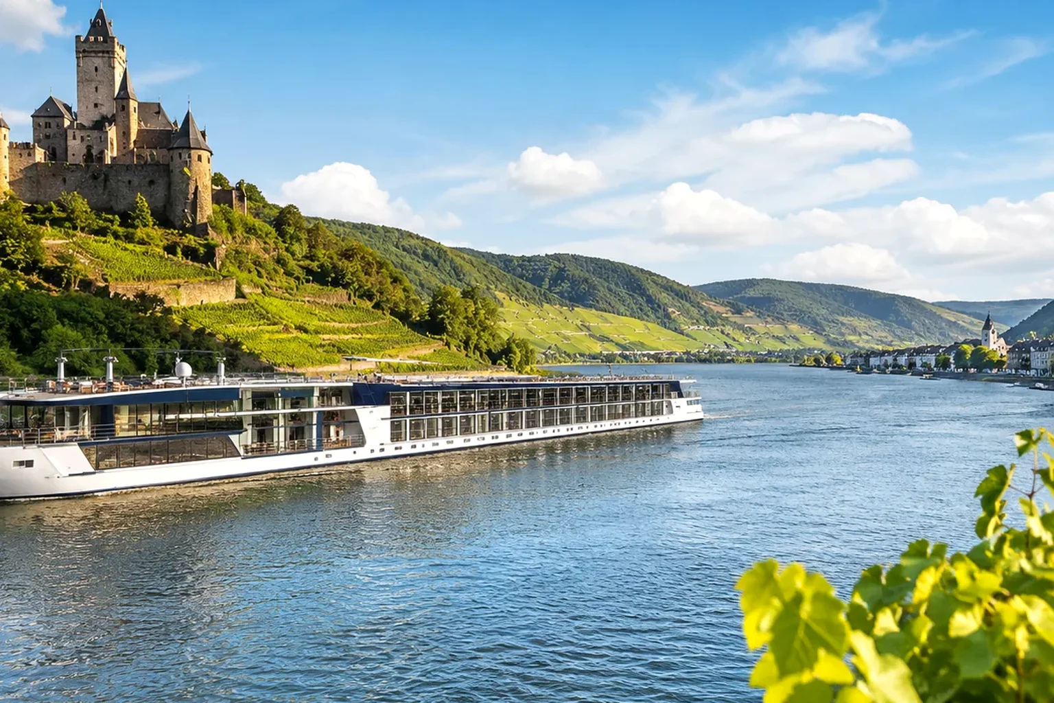 Helles Flusspanorama mit modernem Schiff vor einer historischen Uferstadt