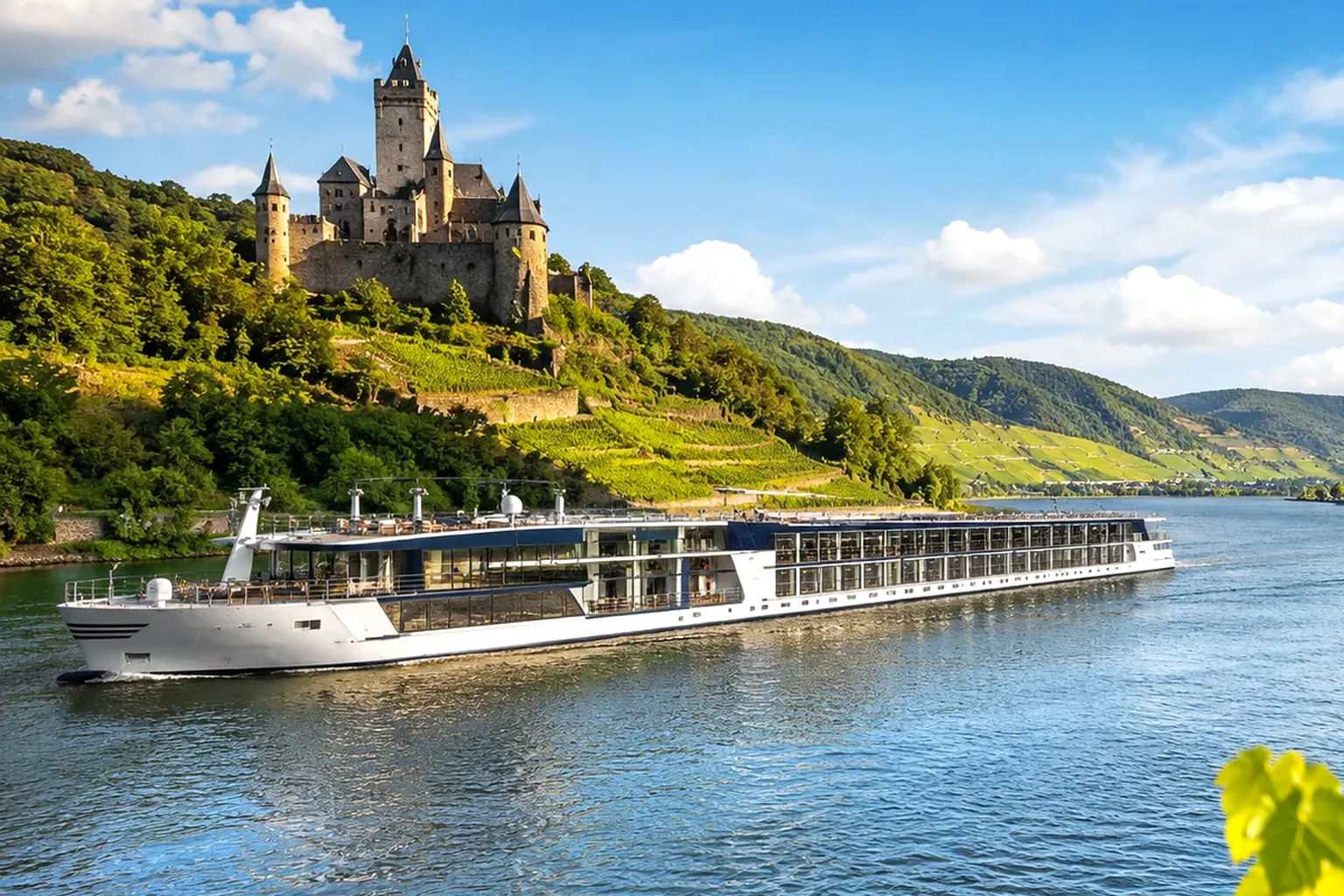 Sonnige Flussreise vor Weinbergen und einer historischen Uferstadt