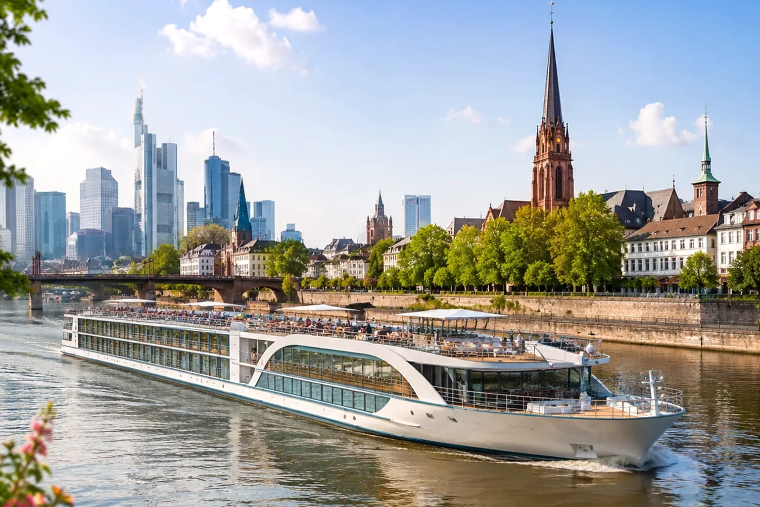Modernes Flussschiff auf breitem Strom bei sonnigem Stadtpanorama