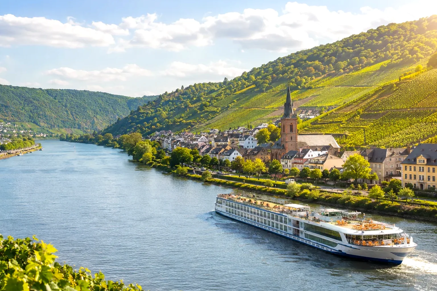 Helles Flusspanorama mit Wein- und Hügellandschaft sowie modernem Schiff