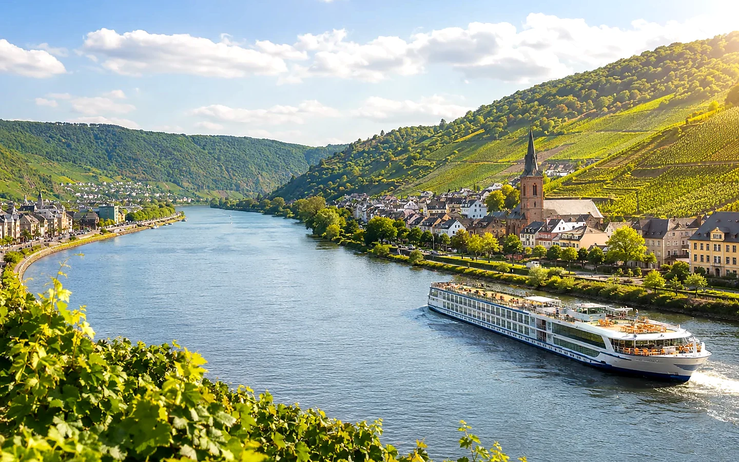 Sonnige Mosellandschaft mit Weinbergen, Uferort und modernem Flussschiff