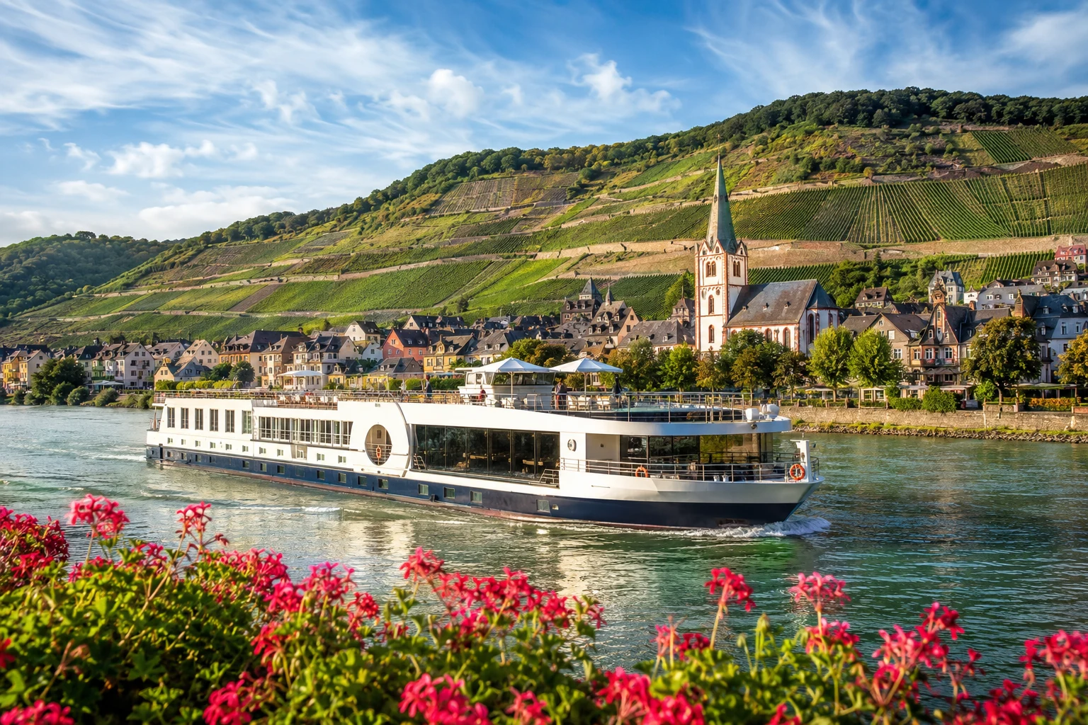 Kleineres elegantes Flusskreuzfahrtschiff bei sonnigem Wetter vor Weinbergen und Uferort