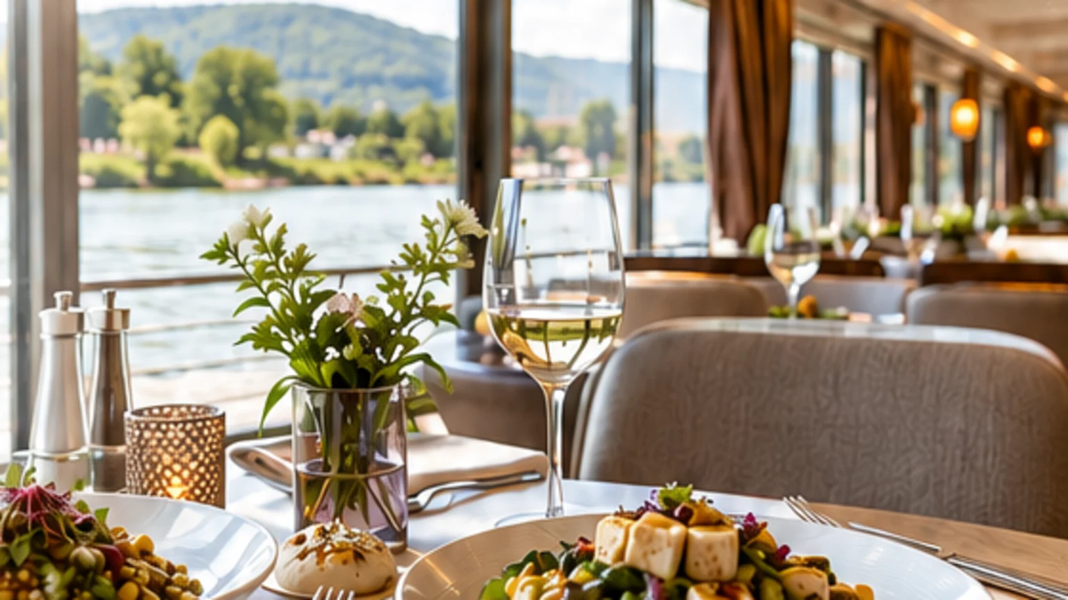 Vegetarische Gerichte im Restaurant eines modernen Flussschiffs mit Blick auf den Fluss