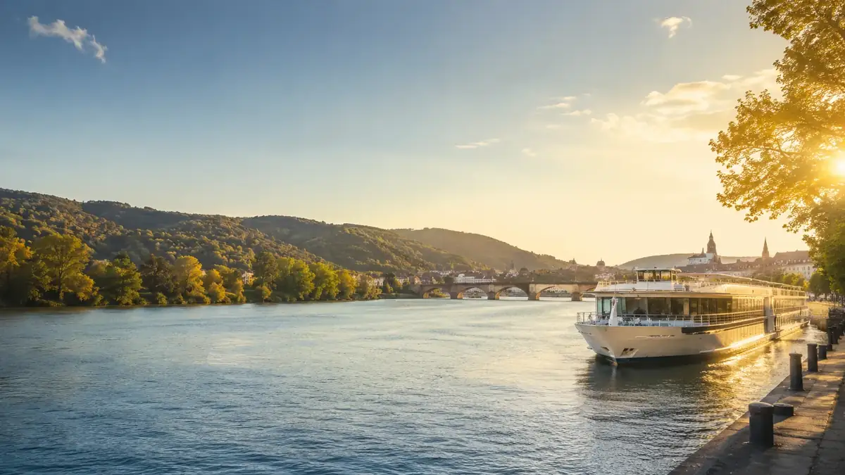 Flusskreuzfahrtschiff an einem europäischen Flussufer