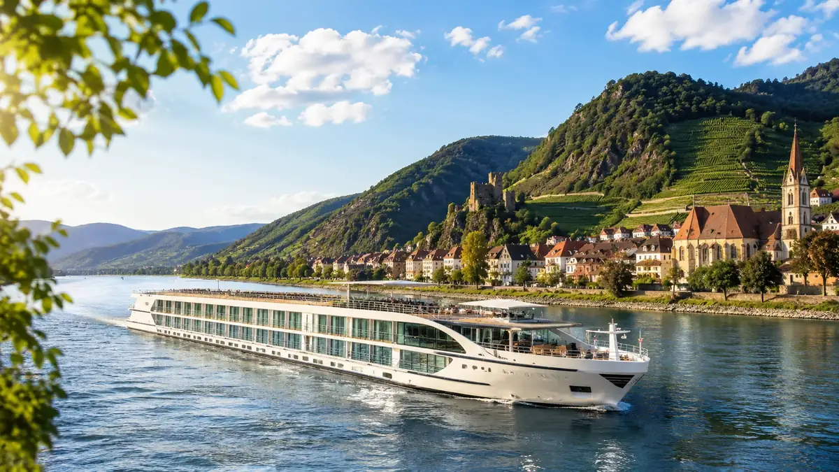 Modernes Flusskreuzfahrtschiff auf einem europäischen Fluss