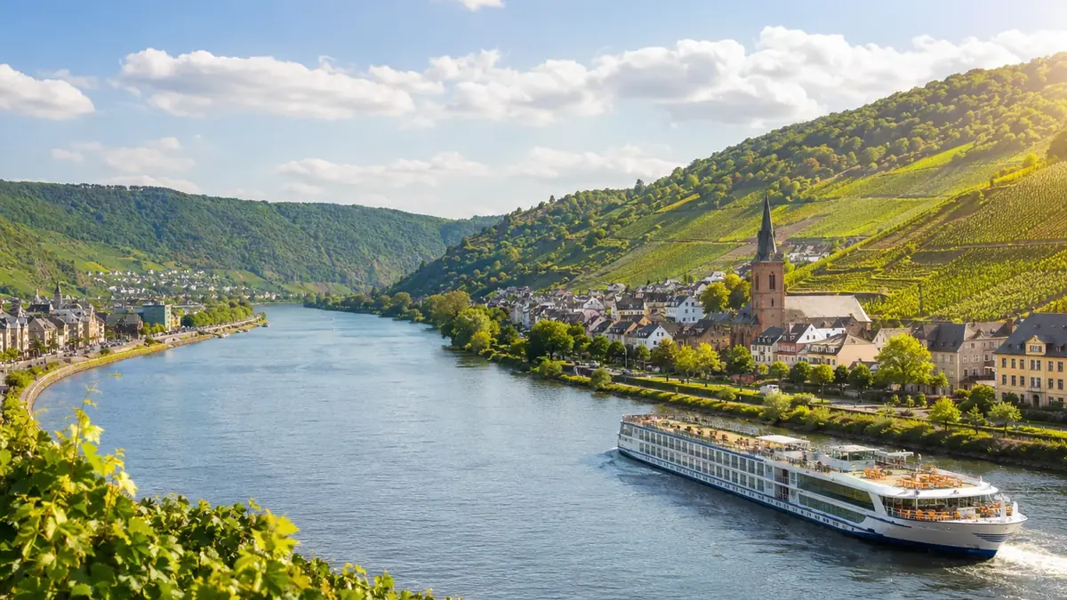 Flusskreuzfahrtschiff auf der Mosel zwischen Weinbergen