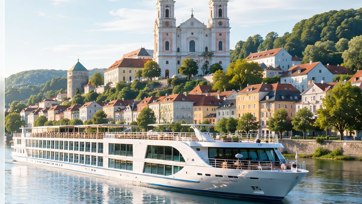 Modernes Flusskreuzfahrtschiff vor einer europäischen Altstadt