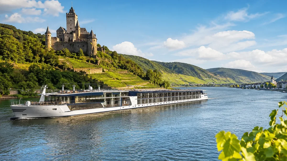 Flusskreuzfahrtschiff auf einem breiten Fluss vor Weinbergen und einer Burg